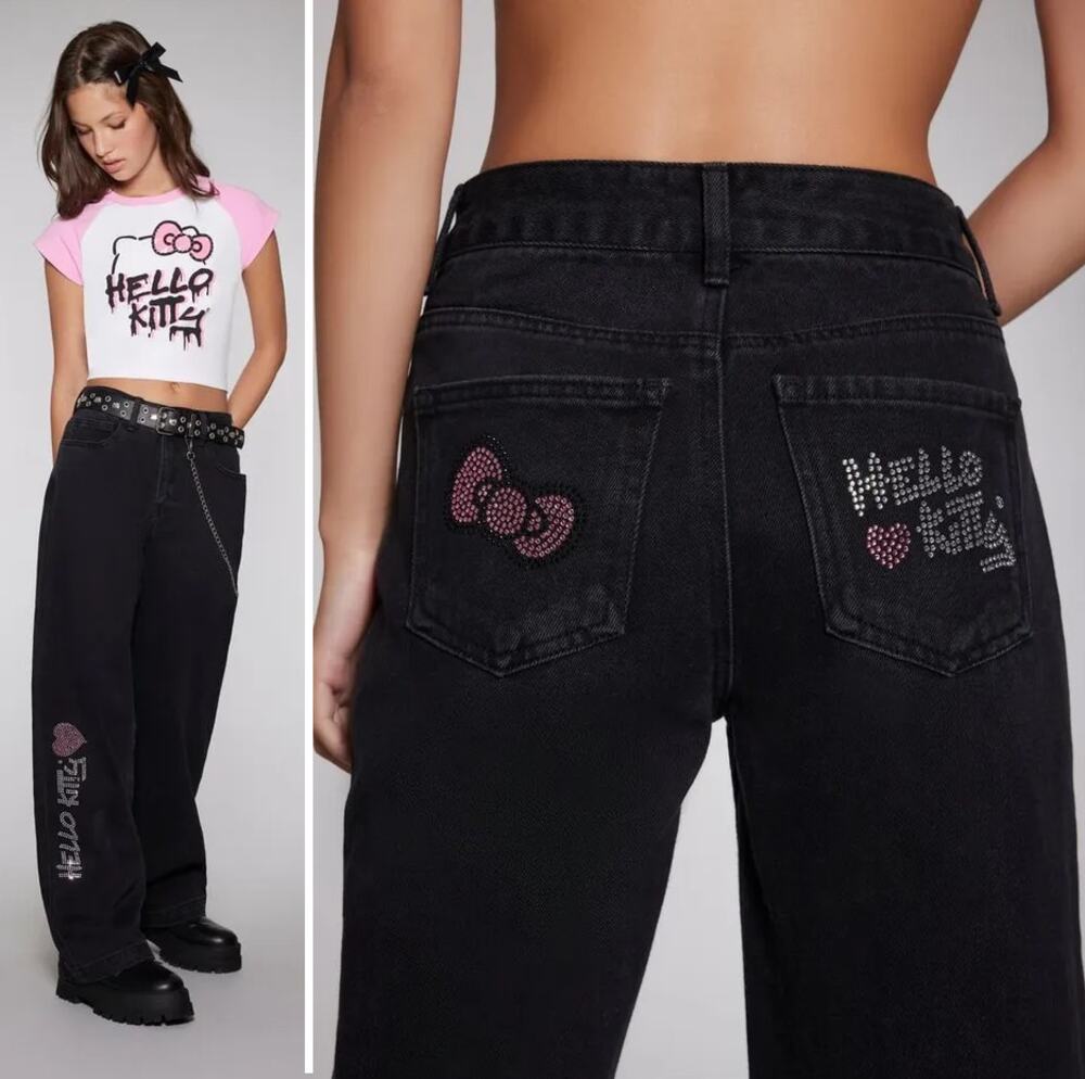 Hello Kitty x Forever 21 NEW Black Bling Rhinestone Wide-Straight Jeans Size 29